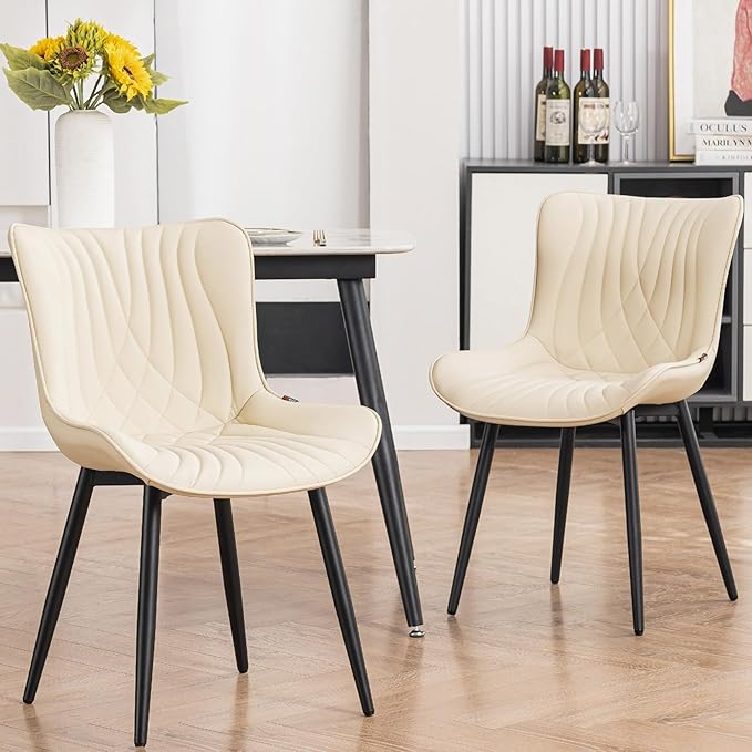 Kidol & Shellder Beige Dining Chairs Set of 2, Faux Leather Upholstered Mid - Image 2