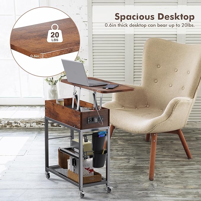 Colima Lift Top End Table with Charging Station and Wheels, Sofa Side Table - Image 8