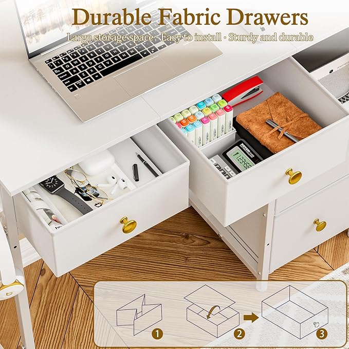 Small Computer Desk with 4 Fabric Drawers, Simple Writing Desk - Image 7