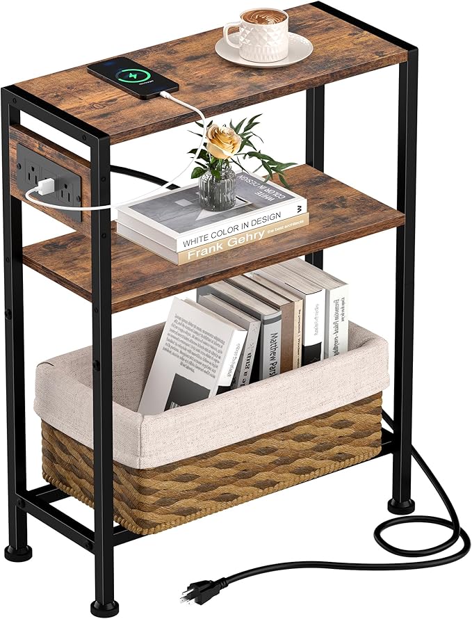 Small Narrow Side Table with Charging Station, Skinny End Table by HOME