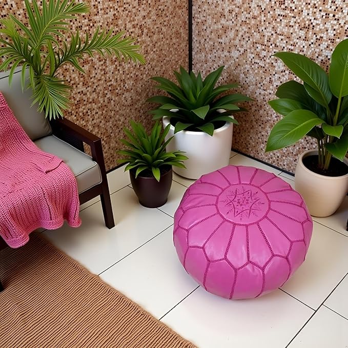 Stuffed Round Design Moroccan Leather Pouf Ottoman, Pre-Filled, 100% Genuine - Image 5