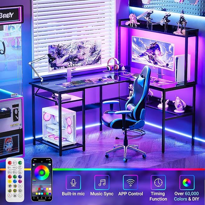 L Shaped Computer Desk with Hutch and Storage Shelves, Gaming Desk with LED - Image 4