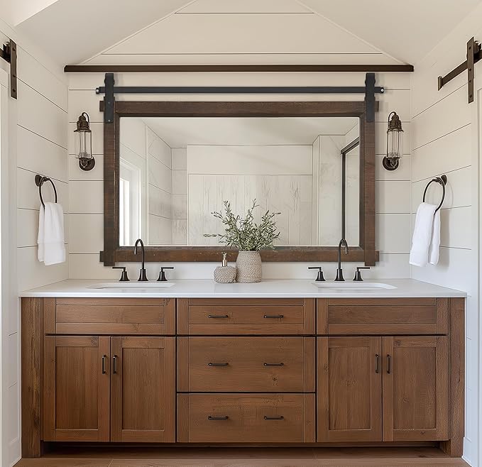 Bathroom Barn Door Mirror: 42"x28" Brown Farmhouse Wood Frame - Image 3