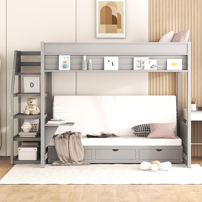 Full Size Wood Bunk Bed with Storage Staircase, Bedside Table, and 3 Drawers - Image 3