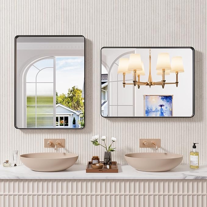 Black Bathroom Mirror 24X32 Inch, Rounded Rectangle Matte Bathroom Vanity Mirror - Image 8