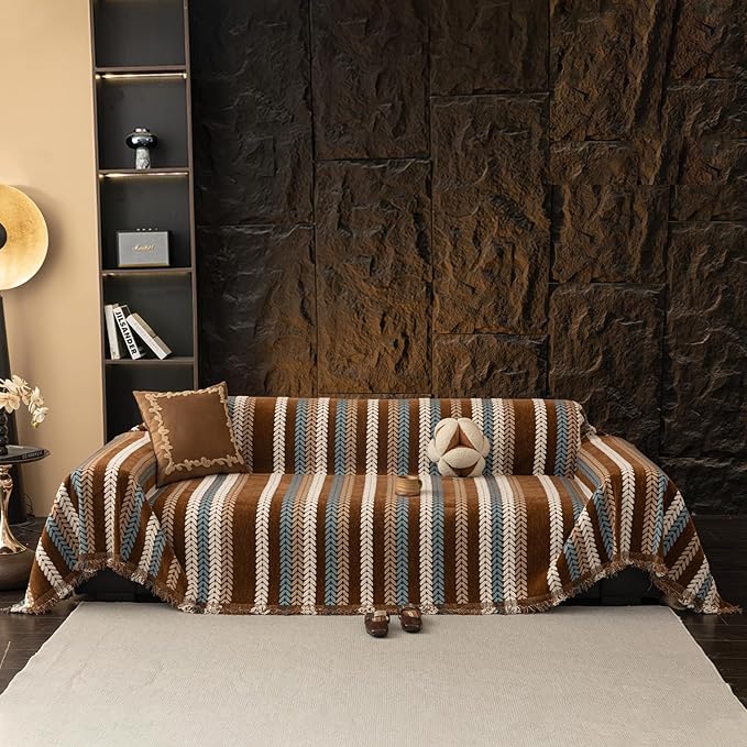 STACYPIK Khaki Jacquard Leaves Sofa Cover, Vintage Couch Cover by STACYPIK