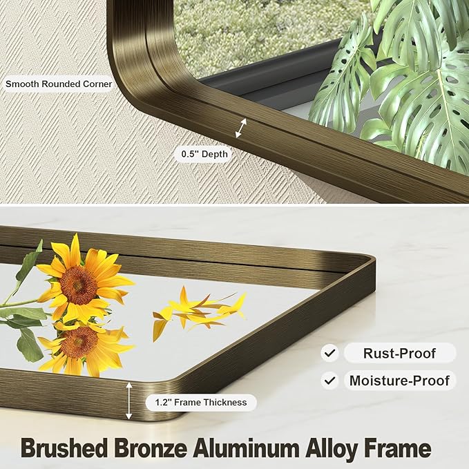 20x30 Inch Bronze Framed Bathroom Mirror, Rectangle Brushed Bronze Metal Vanity - Image 2