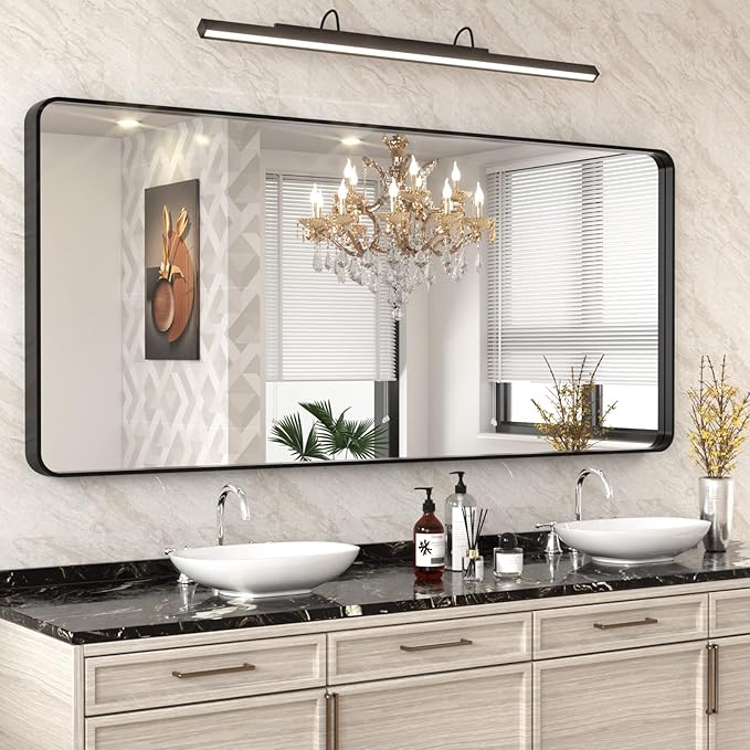 WEER Black Metal Framed Mirror 72X32 Inch, Rounded Rectangle Matte Black by WEER