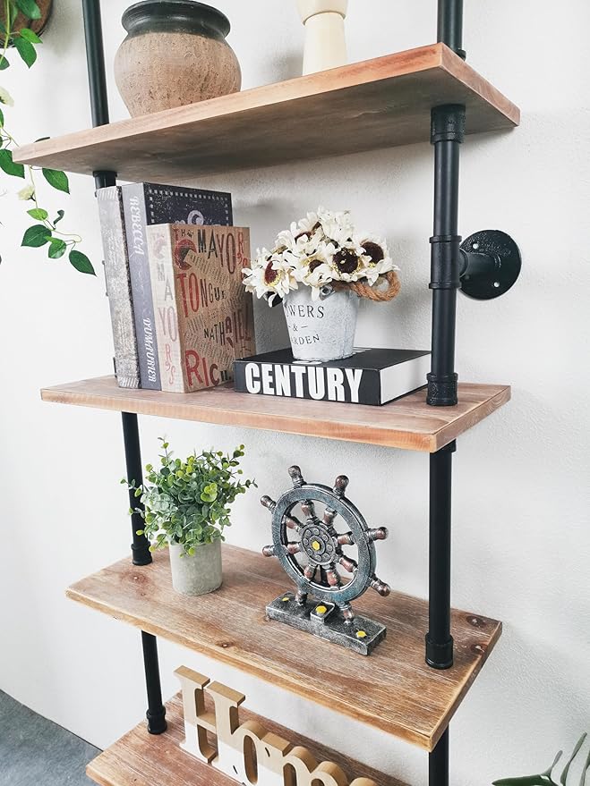 Industrial Ladder Pipe Shelves, Wall Mounted Rustic Bookshelf, Retro Metal Wood - Image 7