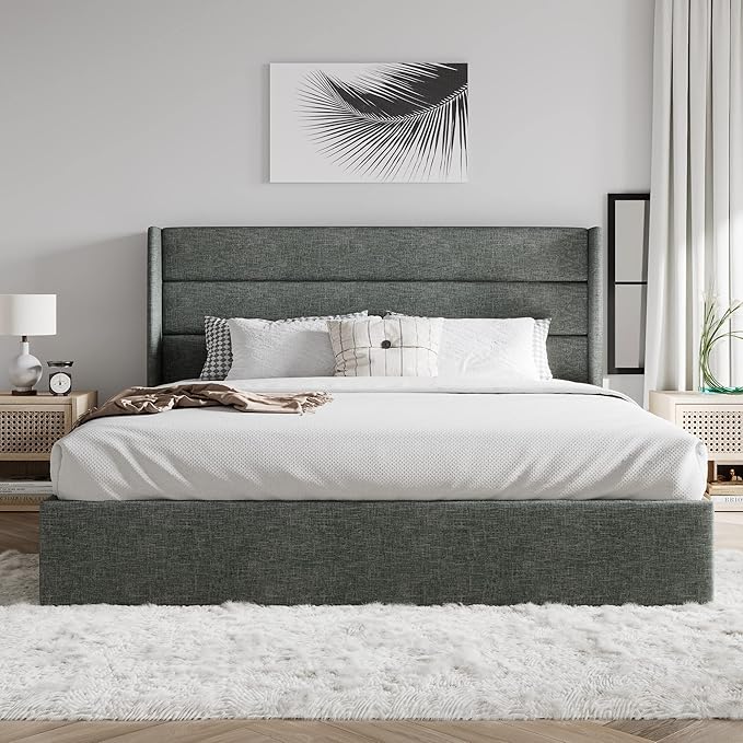 SHA CERLIN King Size Lift Up Storage Bed/Modern Wingback Headboard/Upholstered - Image 8