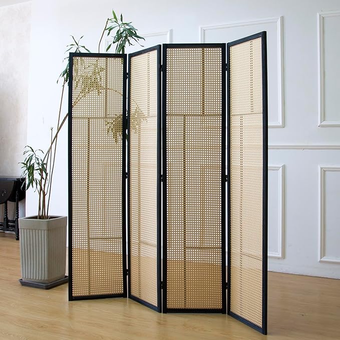 4 Panel Room Divider Screen and Folding Panel Screen, Double Sided Rattan - Image 4