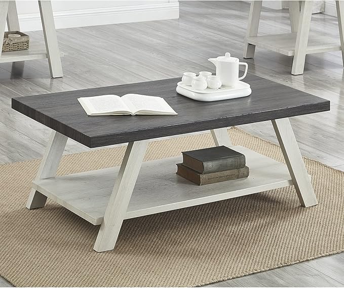 Roundhill Furniture Athens Contemporary Wood Shelf Coffee Table, Weathered - Image 3