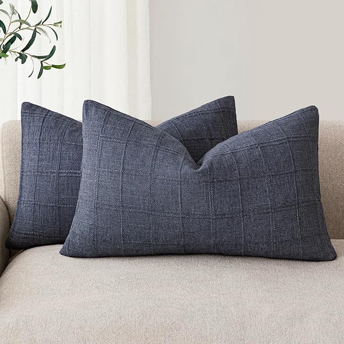 Foindtower Set of 2 Decorative Linen Check Throw Pillow Covers Neutral by Foindtower