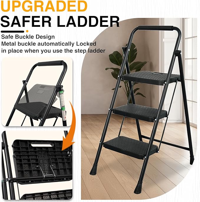3 Step Ladder, Portable Steel Folding Step Stool - Image 2