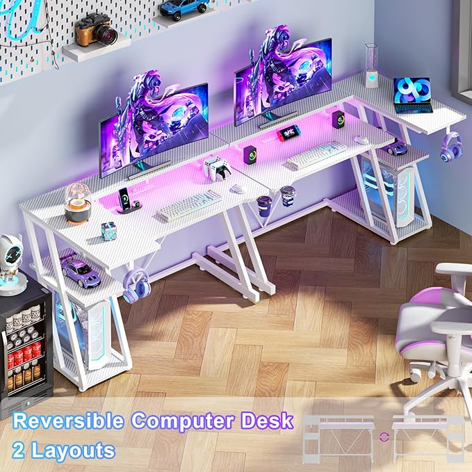 40 Inch Gaming Desk with Power Outlet & LED Lights, L Shaped Computer Gaming - Image 3