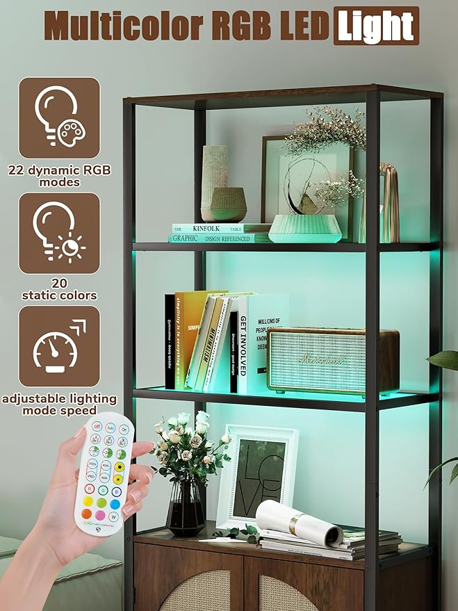5 Tier Rattan Bookcase with Light 71" Tall Boho Bookshelf with Doors Large - Image 3