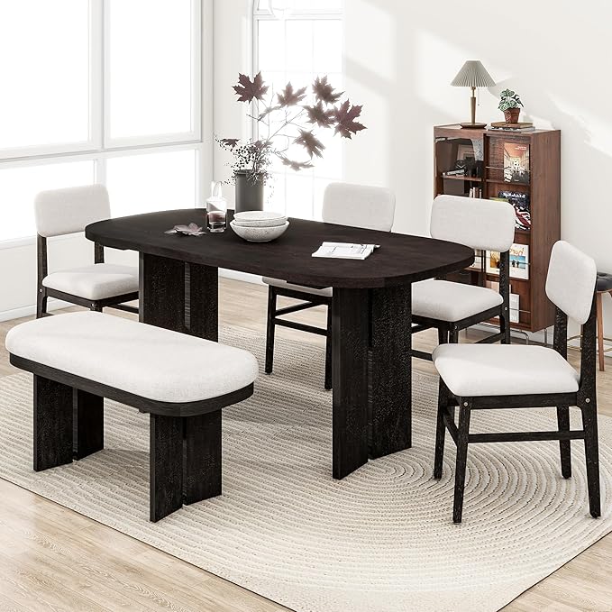 Merax Farmhouse Wooden Dining Set of 6, 65 Inch Rectangular Kitchen Table by Merax