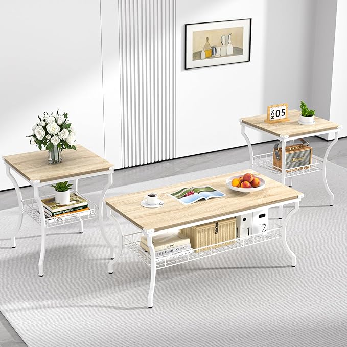 VECELO 3 Pieces Living Room Table Sets, Coffee and End Tables by VECELO