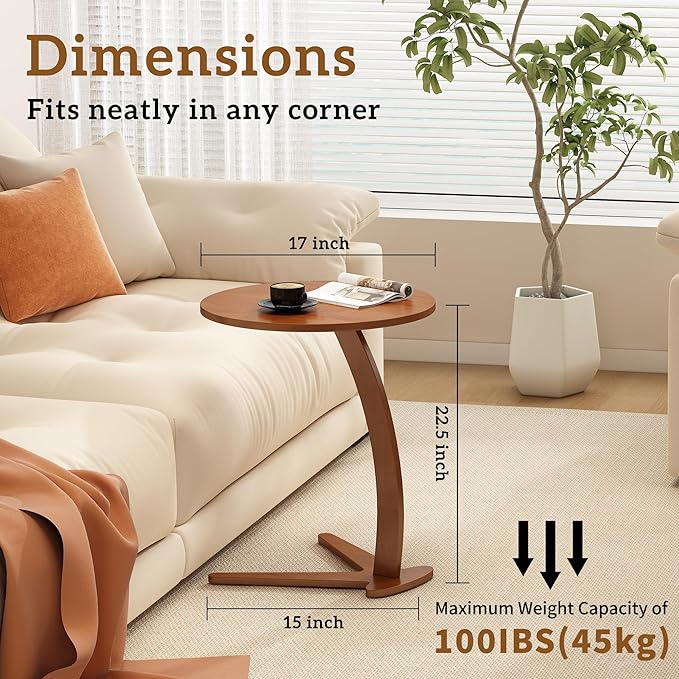 Wood Round Side Table: 17 '' Modern C Shaped End Table Nightstand - Image 2