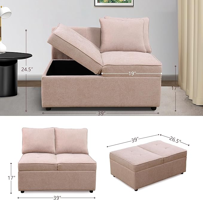 Convertible Ottoman Sofa with Storage, Modern Sackcloth Futon Couch with 2 - Image 2