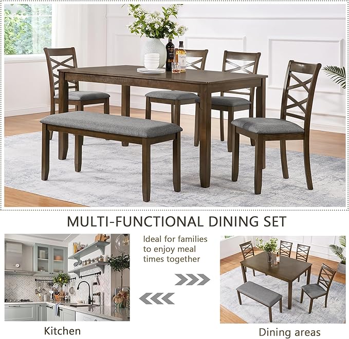soges 6 Piece Kitchen Dining Set, Rectangular Wooden Dining Table - Image 3