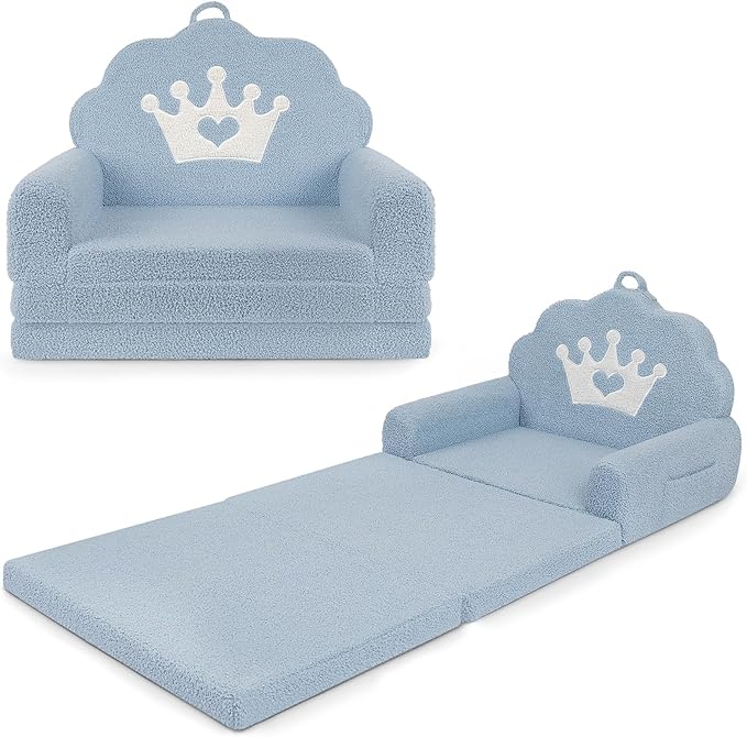 2-in-1 Kids Couch Fold Out, Soft Teddy Sherpa Toddler Couch by PIIKAGO