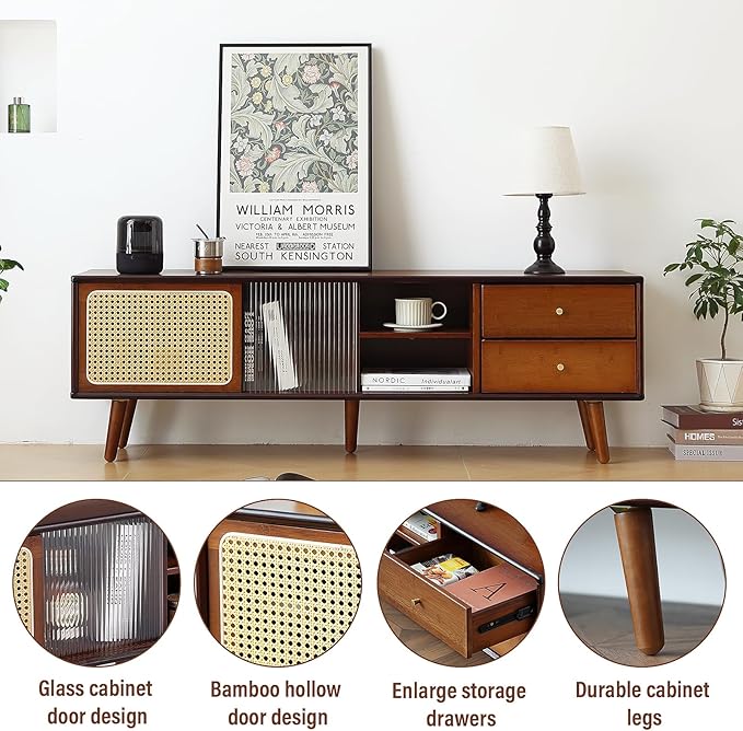 Tiita TV Stand with Storage for TVs up to 65'', Bamboo Rattan TV Console - Image 5