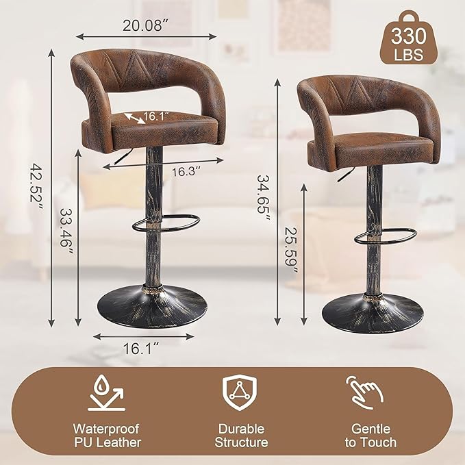 VECELO Bar Stools Set of 2 Adjustable Swivel Modern Pu Leather Barstools - Image 3