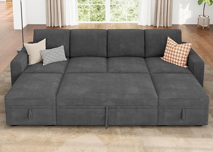 HONBAY Modular Sectional Sleeper Sofa Bed, Corduroy Pull Out Couch by HONBAY