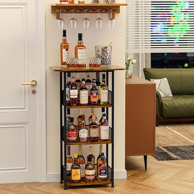 Wine Rack Freestanding Floor:4 Tier Whiskey Wine Rack Mini Bar Cart, Liquor - Image 3