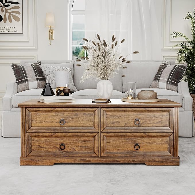Rustic Coffee Table with Drawers 47 inch Living Room Tables with Storage - Image 6