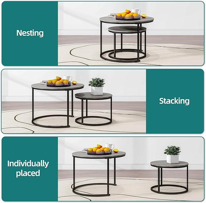 Nesting Round Coffee Table Set of 2 End Tables - Image 5