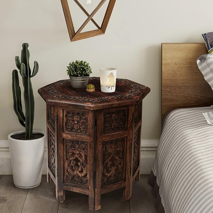 The Wooden Town End Tables for Living Room– Hand Carved Vintage Boho Folding - Image 2