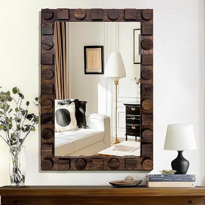 36x24 Inch Handcrafted Solid Wood Square Wall Mirror by AMOISE