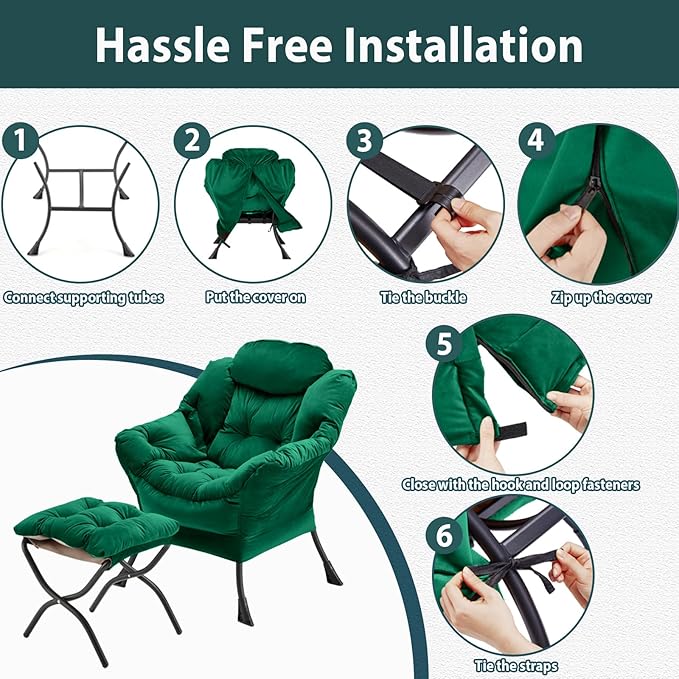 Lazy Chair with Folding Ottoman, Accent Chair Velvet Upholstered with Metal - Image 7