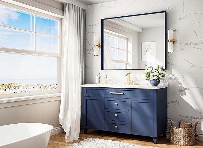 Keonjinn 42 x 36 Inch Blue Framed Mirror Bathroom Vanity Mirror - Image 2