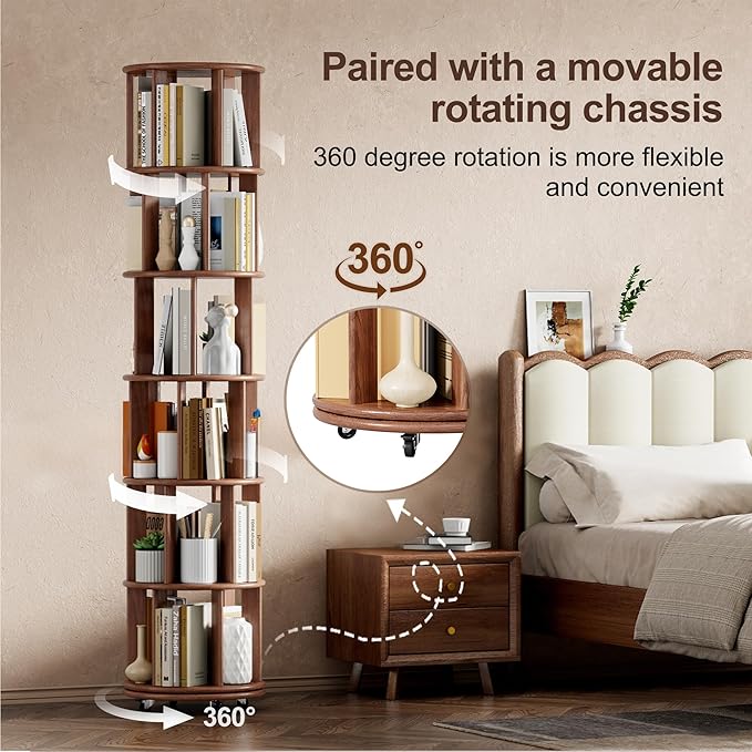KEIKI 360° Spinning Revolving Bookcase, Solid Wood 6 Tier Rotating Bookshelf - Image 3