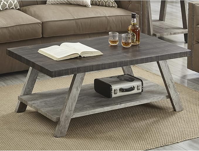 Roundhill Furniture Athens Contemporary Wood Shelf Coffee Table, Weathered - Image 2
