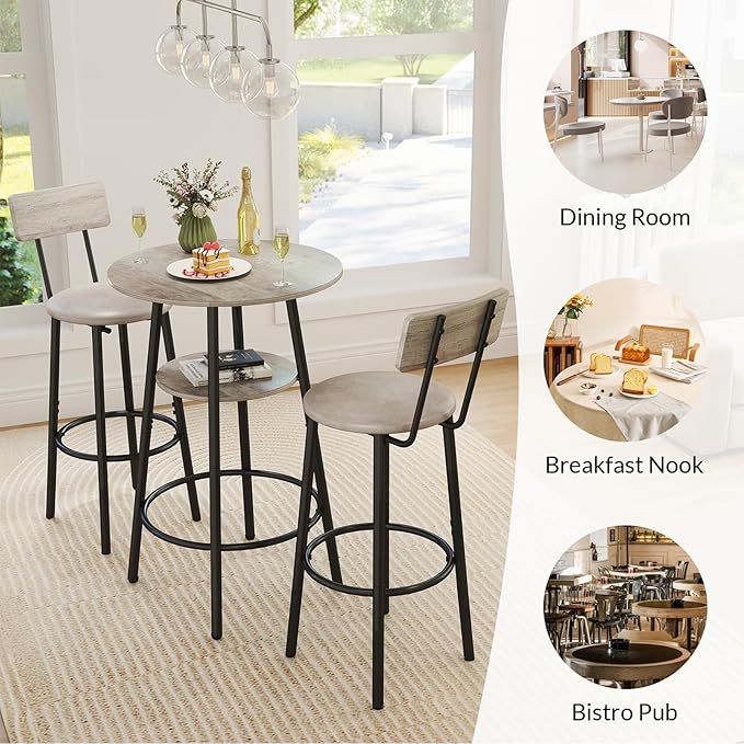 3 Pieces Round Bar Table Set, Small Dining Table - Image 4