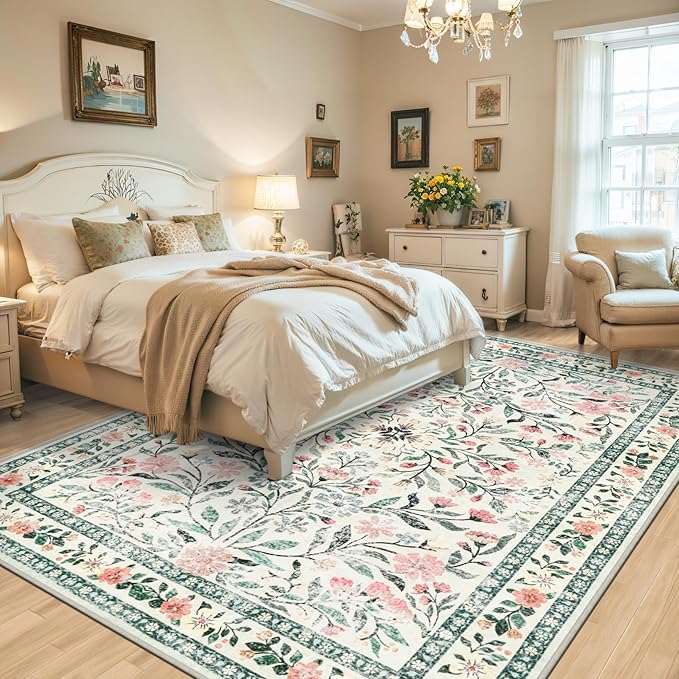 Area Rugs 9x12 Living Room: Floral Washable Rug Vintage Large Soft Boho - Image 3