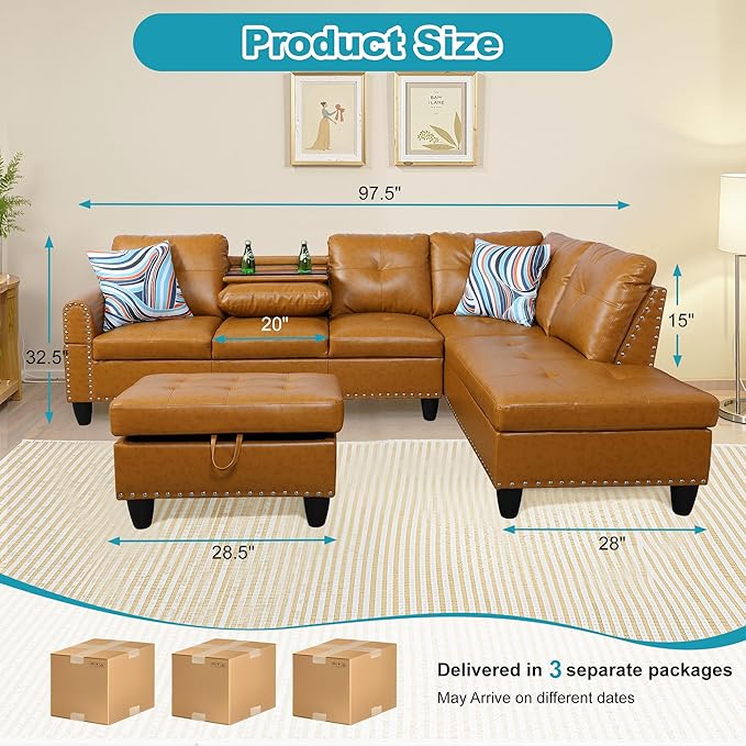 Couches for Living Room PU Leather L Shaped Couch Comfy 3 Pieces Sectional Sofa - Image 2