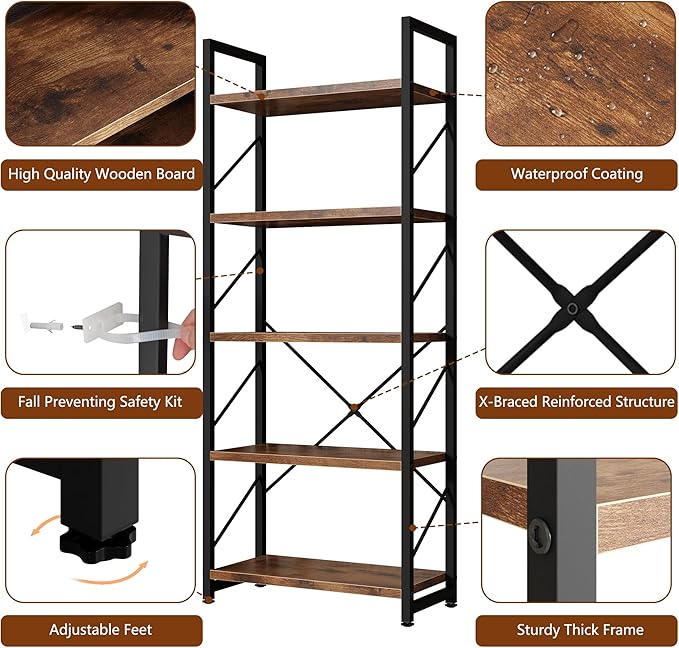 Shintenchi 5 Tiers Bookshelf, Classically Tall Bookcase Shelf, Industrial Book - Image 6