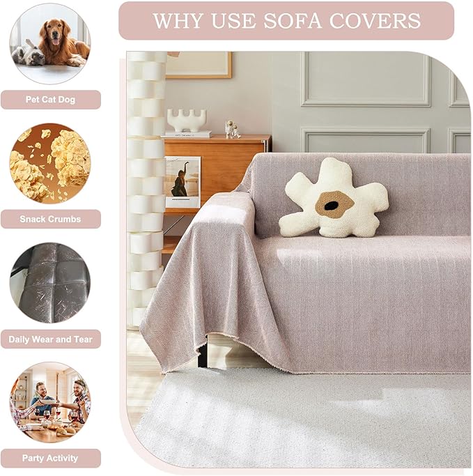 STACYPIK Solid Pink Sofa Cover for Pets Dogs, Cooling Chenille Herringbone - Image 5
