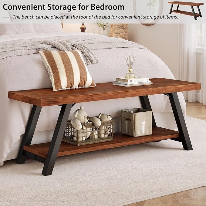 IBF Natural Real Wood Entryway Bench, Solid Wood Storage Bench, Industrial - Image 6