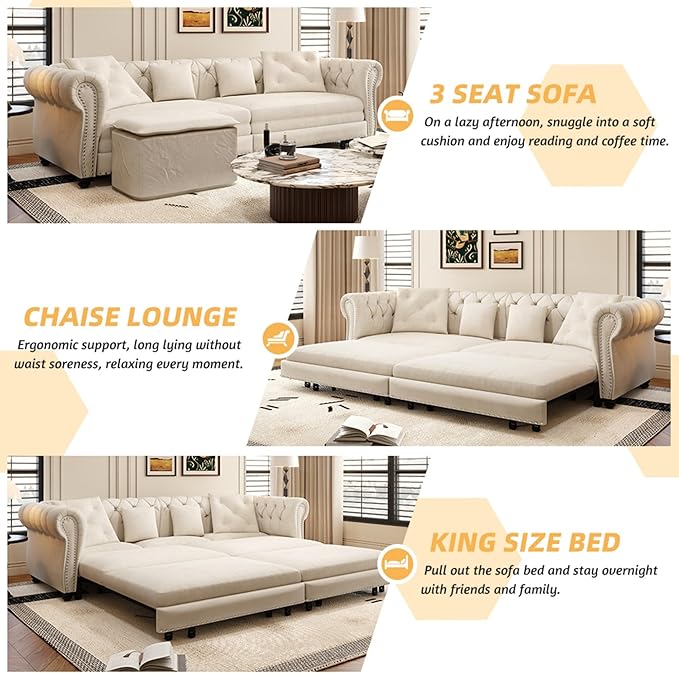 KEIKI 3-in-1 Velvet Chesterfield Sofa Bed - Image 3