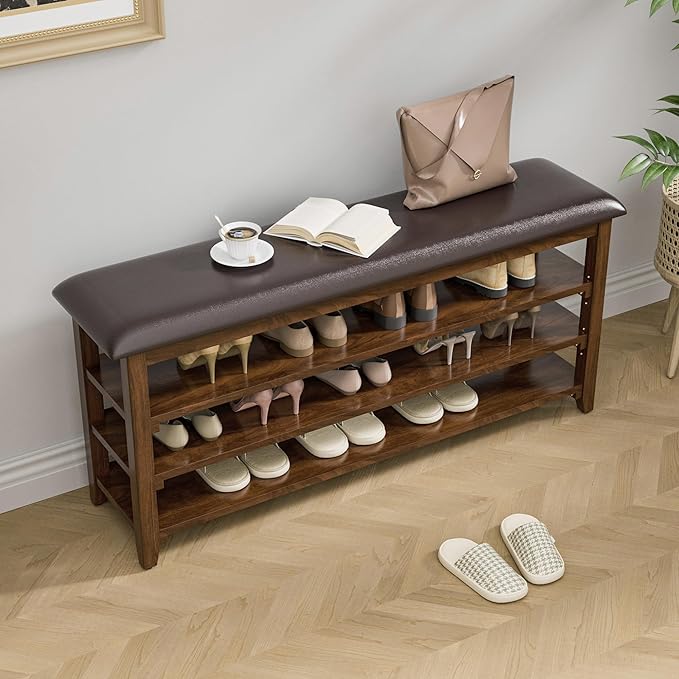 Wooden Shoe Bench Storage with Leather Cushion, Rustic Solid Wood Entryway - Image 2