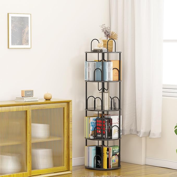 4 Tier Rotating Bookshelf, 360° Spinning Bookshelf Tower, Round Narrow Space - Image 2