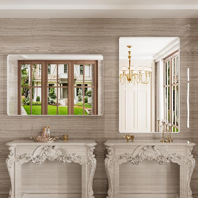 White Bathroom Mirror 48x30 Inch, Rounded Rectangle Matte Bathroom Vanity Mirror - Image 3