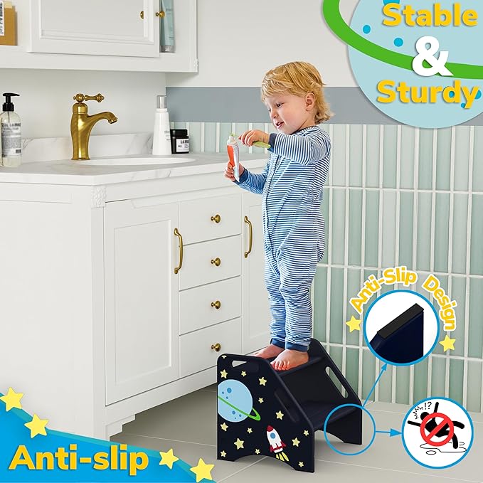 AMBIRD Toddler Step Stool, Space Wooden Two Step Stool - Image 3