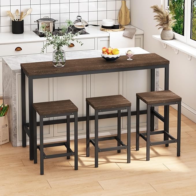 KEIKI 60.24” Long Bar High Top Dining Table and 3 Stools Chairs Set, Wood - Image 5